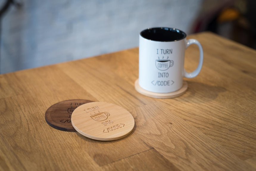 I turn coffee into code | Wooden coaster